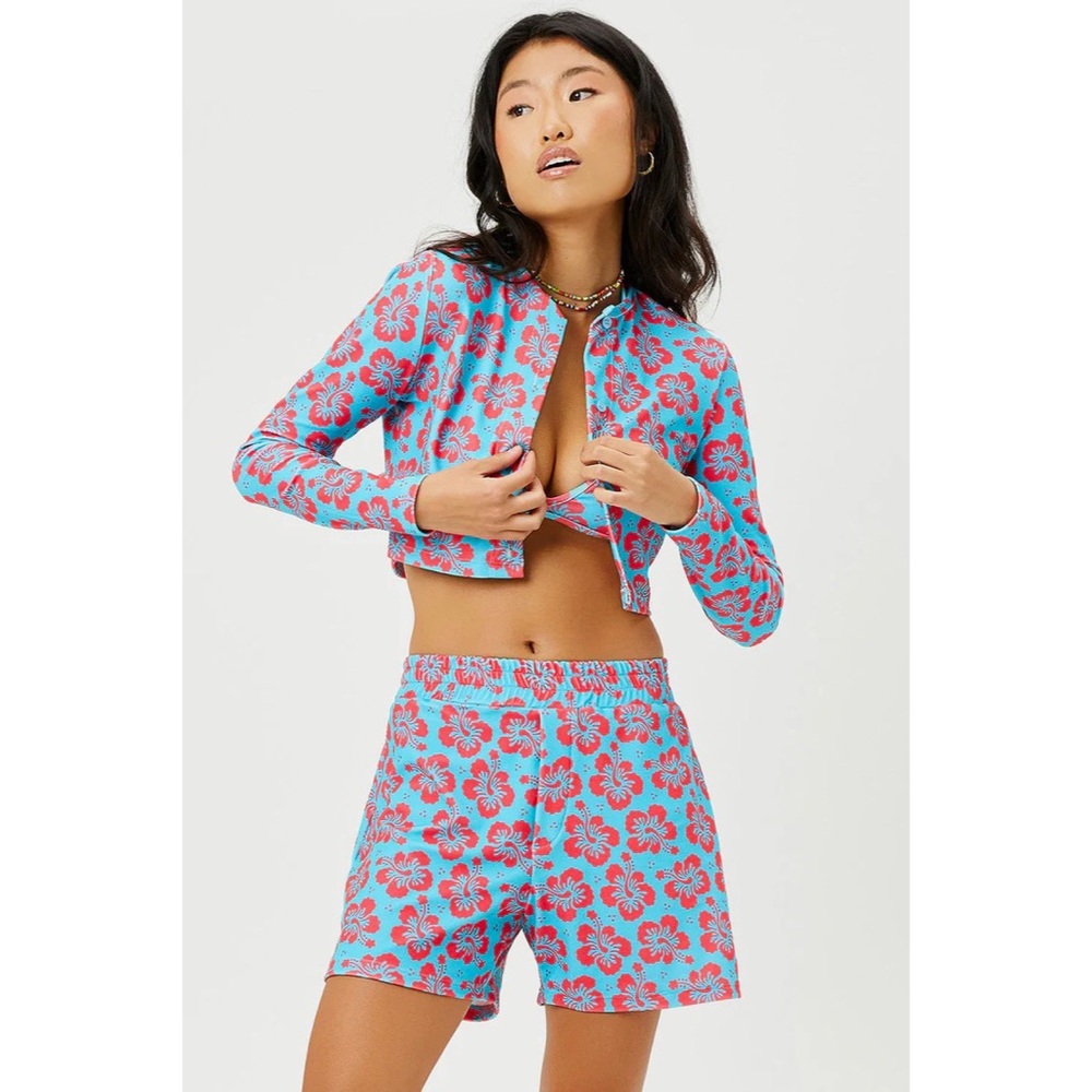 NWT Frankie’s Bikinis Cheri Terry Cardigan Sweater in Blue Magic Red Floral